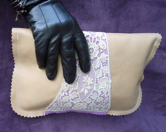 Vintage lace and leather clutch