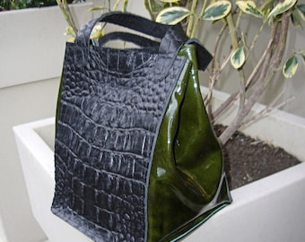 Leather Lunch Bag with alligator embossed cowhide and green patent lambskin