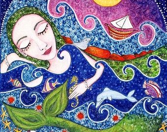 Mermaid Art Print Whimsical Folk Art Sea Maid mermaid art for kids room girls wall decor cute whimsical wall art print