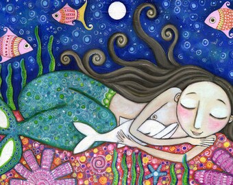 Mermaid Art Print dolphin 8 x 11 art for kids nursery childrens Wall Decor whimsical Folk painting inspirational picture Mermaid Wall Decor