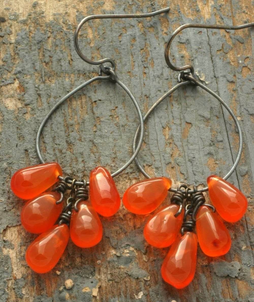 orange cluster hoop earrings. orange agate Stone drops on