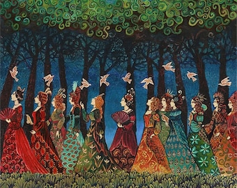Twelve Women with Birds 20x24 Giclée Print on Canvas Fairytale Pagan Mythology Psychedelic Bohemian Gypsy Goddess Art