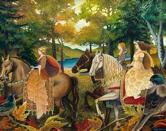 Autumn Riders 11x14 Fine Art Print Renaissance Medieval Surreal Fall Forest Equine Goddess Art