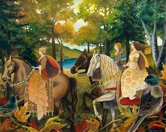 Autumn Riders 8x10 Fine Art Print Renaissance Medieval Surreal Fall Forest Equine Goddess Art