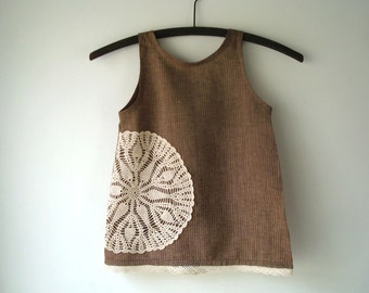 Linen and Doily Dress - Size 2T - Doily Sundress - Ready to Ship -