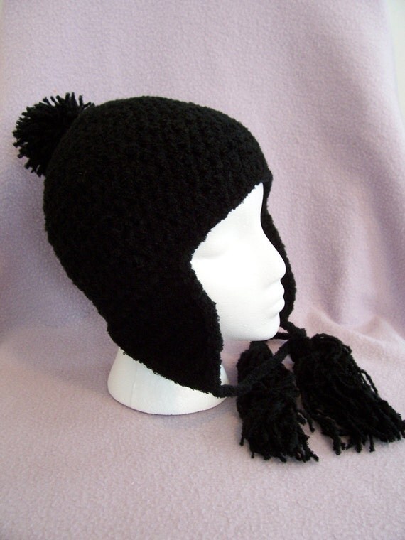 Black SKI SNOWBOARD HAT With Ear Flaps In Crochet