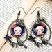 Frida With A Bird In Purple And Red - Unique ox antiqued brass handmade earrings with art illustration by Danita Art
