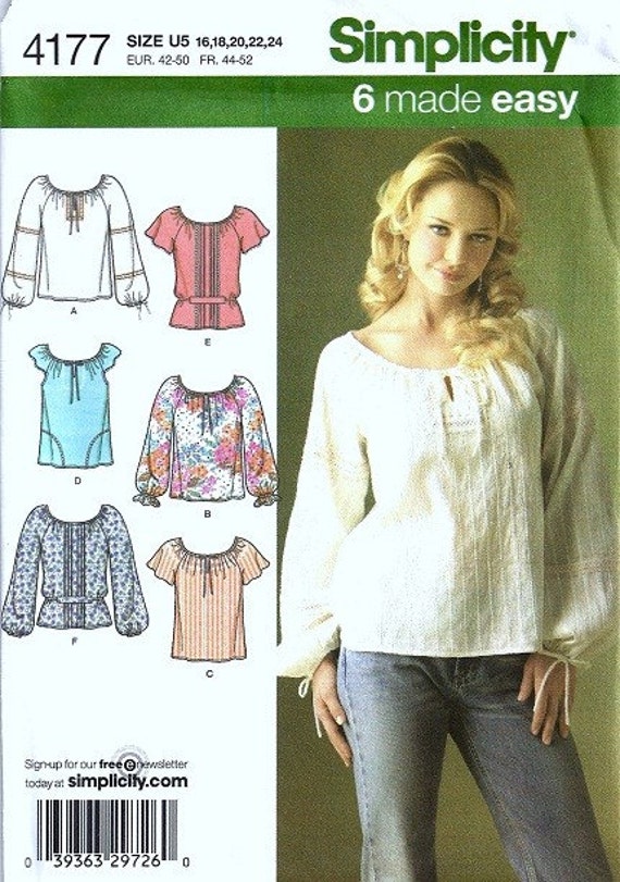 Simplicity 4177 Sewing Pattern Misses Peasant Top Size 16 18