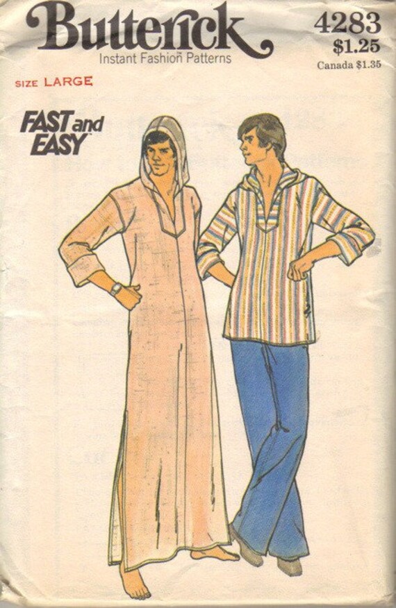 Mens 70s Hooded Caftan Top Sewing Pattern Size Large