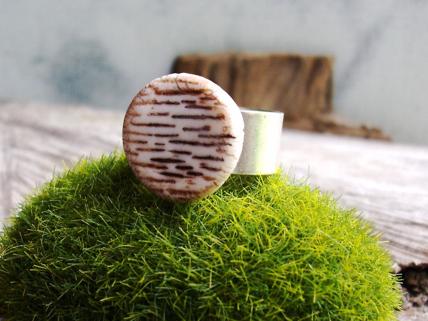 Rustic Birch Tree Bark Porcelain Silver Plated Ring