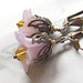 Purple Flower Earrings Purple Lucite Flower Golden Topaz Drops Hawaii Beads