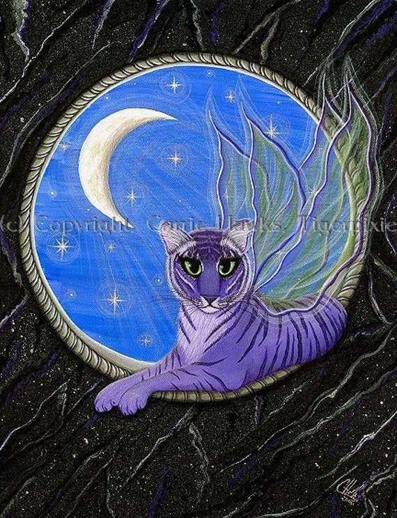 Tiger Art Original Cat Painting Pixie Fairy Cat Gothic Moon Stars Fantasy Cat Art Original Canvas Painting 12x16
