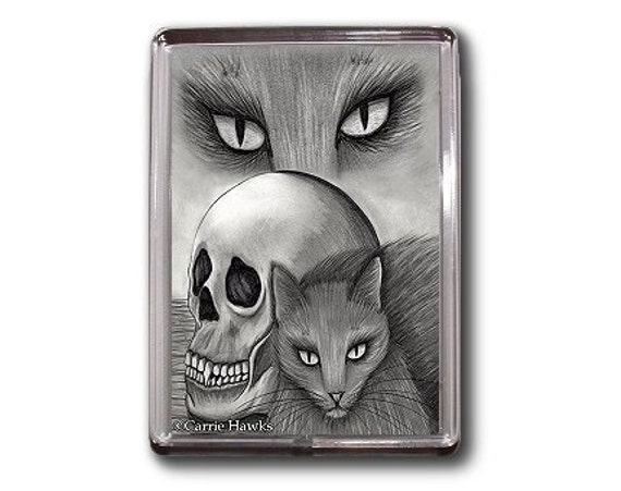Black Cat Magnet Witch Skull Gothic Fantasy Cat Art Framed Magnet