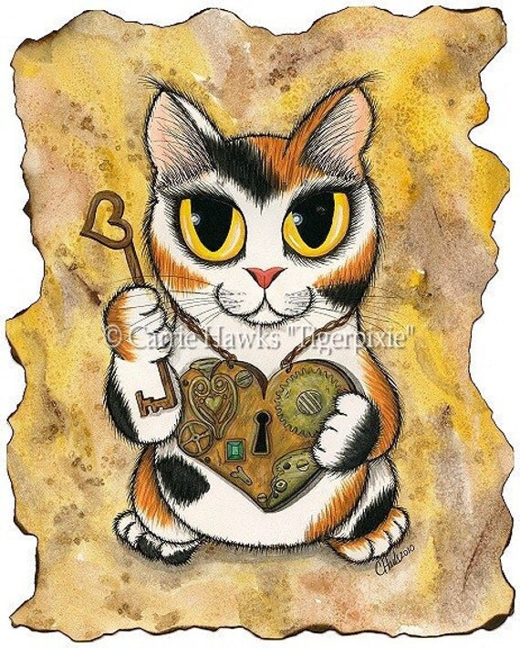 Steampunk Cat Art Valentine Victorian Heart Locket Key Fantasy Big Eye Art Fantasy Cat Art Print 5x7