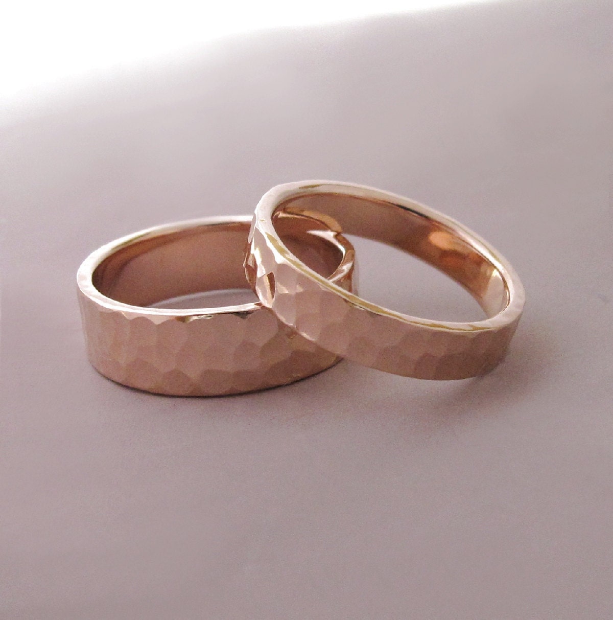 14k Rose Gold Wedding Rings Hammered Recycled Gold 4 and 6