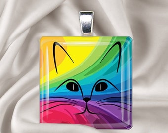 Rainbow Cat - Glass Tile Pendant Necklace