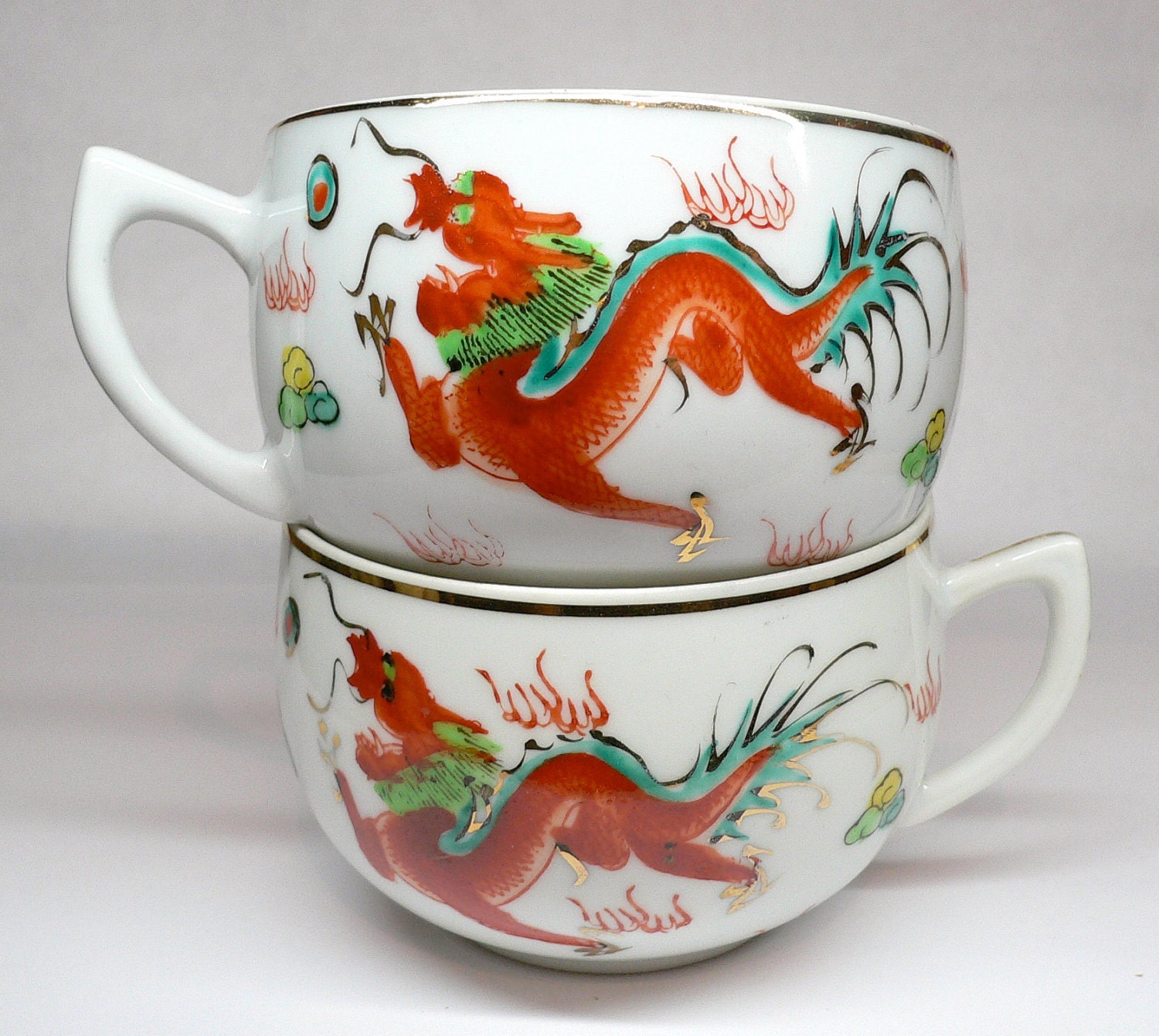 1pr 50s Vintage DRAGON TEA CUPS Painted China