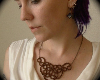 Tatted Lace Necklace - Studded Flower - Sepia Edition