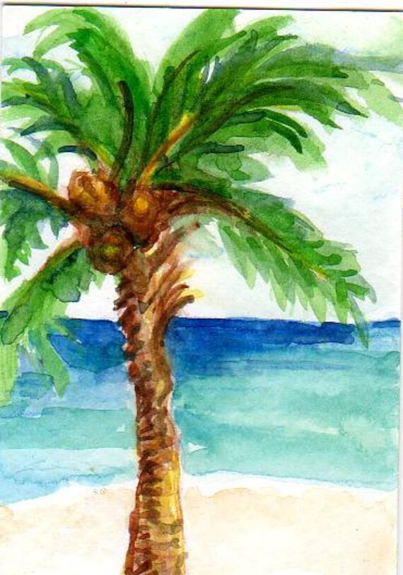 Original Watercolor Painting ACEO Palm Tree with an Ocean