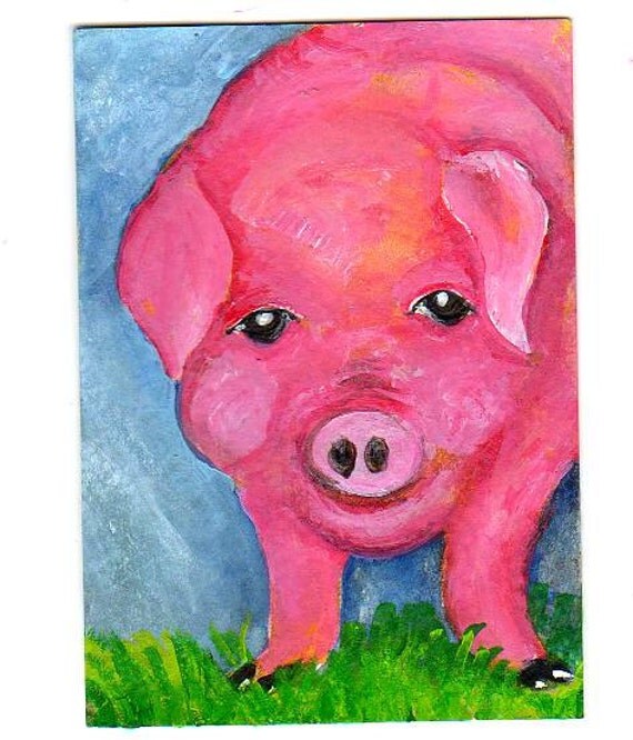 ACEO Pink Pig Original Painting. Small by SharonFosterArt on Etsy