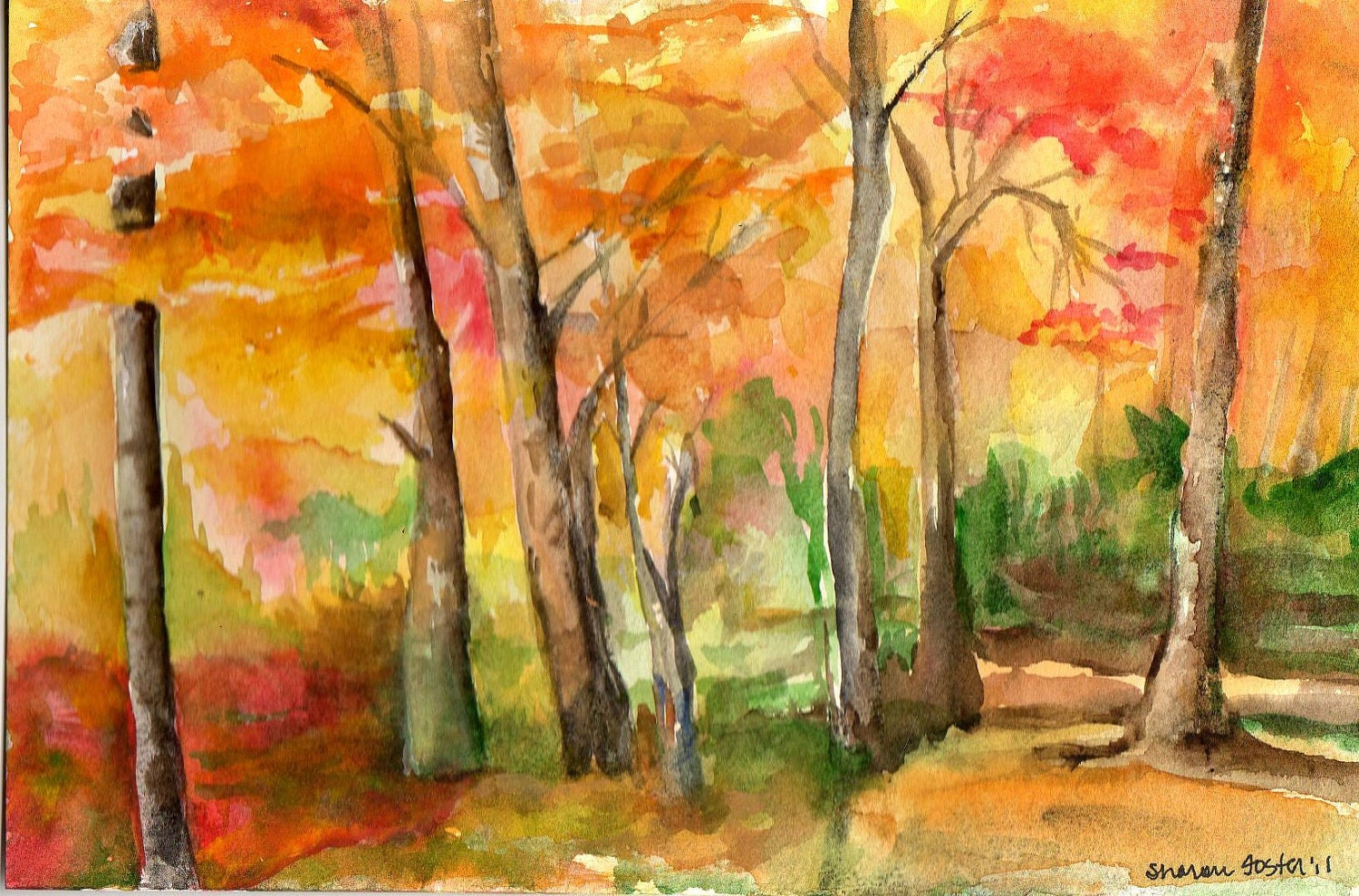 Autumn Scene Original Watercolor Landsacape Painting Originla Wall Art 492