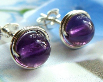 Amethyst Studs Amethyst Earrings Birthstone Earrings Wire Wrapped in Sterling Silver Post Earrings