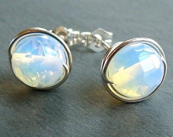 Sea Opal Studs Sea Opal Earrings Faceted 8mm Sea Opal Studs Opalite Studs Post Earrings Wire Wrapped in Sterling Silver Earrings