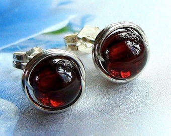 Garnet Studs Garnet Earrings Wire Wrapped in Sterling Silver Post Earrings Birthstone Earrings
