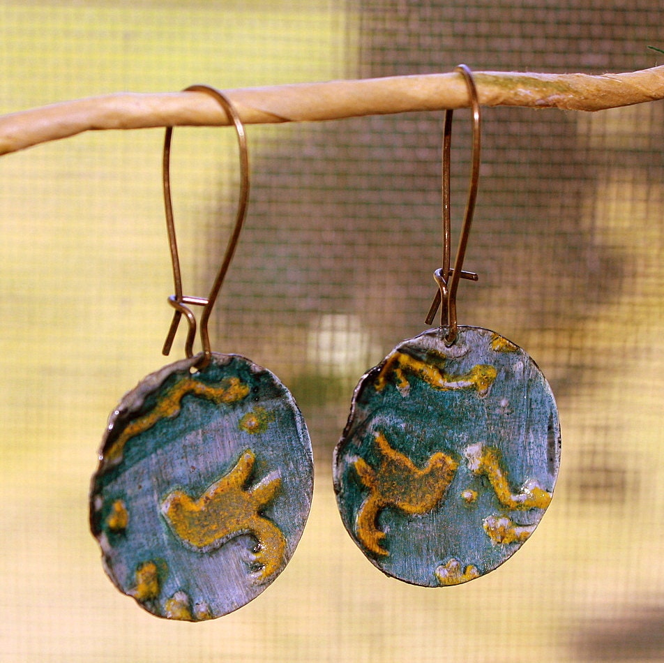 Bird Bath Earrings brass disc painted patina green by ticklebean