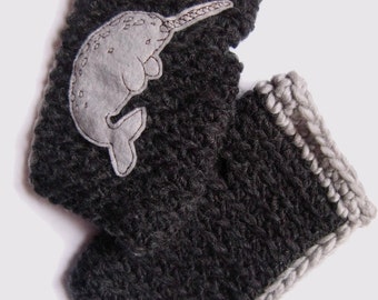 Narwhal Fingerless Gloves in Charcoal and Gray