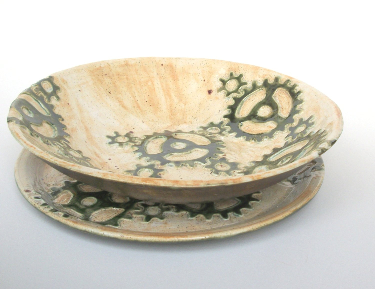 Handmade Ceramic Serving Bowl and Platter Set with Gears
