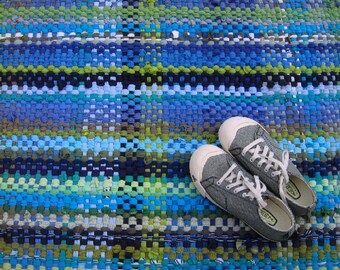 T-Shirt Rug, Rag Rug, Handwoven Rag Rug, Recycled T-Shirts, Plaid Rag Rug, Eco Friendly Rug, Blue and Green Rug, Rag Rug Runner