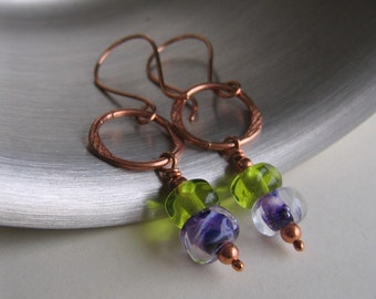 Copper Earrings, Glass Earrings, Violet Plum Glass, Lime Glass Earrings, Copper Jewelry, Glass Jewelry, Beaded Earrings