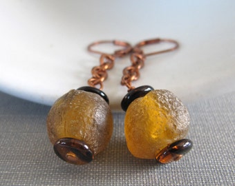 Glass Earrings, Copper Earrings, Amber Glass, Recycled Glass, Copper Chain, Tortoise Brown Glass, Eco Friendly