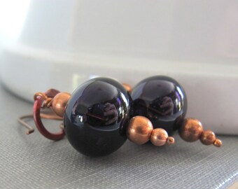 Glass Earrings, Hollow Glass, Dark Purple Glass, Copper Earrings, Copper Jewelry, Dangle Earrings, Beaded Jewelry, Glass Jewelry