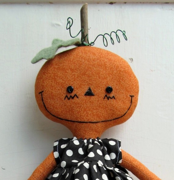 Halloween Pumpkin Head Handmade Rag Cloth Doll in a Polka Dot