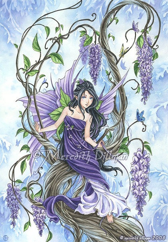 Wisteria flower fairy art fantasy print purple and blue