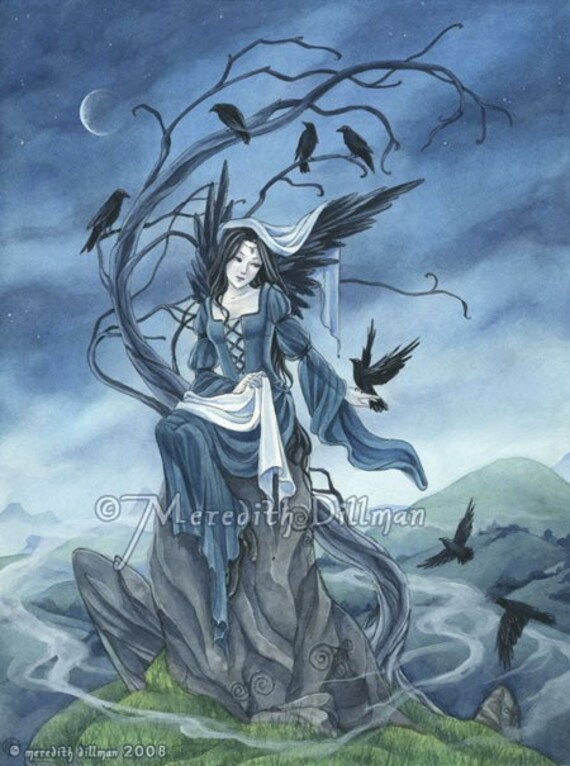 Gothic Raven Fairy art print celtic stones birds misty