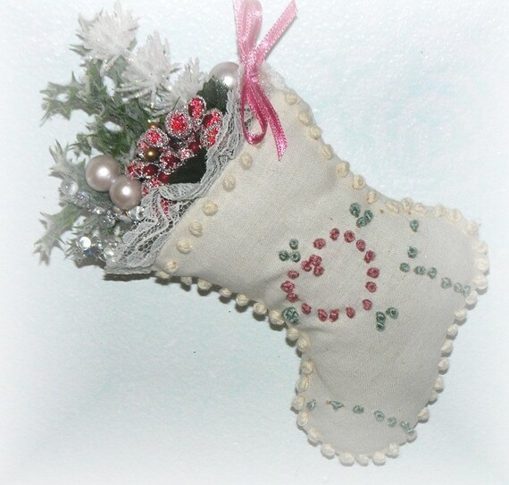 christmas stocking ornament hand embroidered shabby cottage christmas stocking ornament hand embroidered shabby cottage