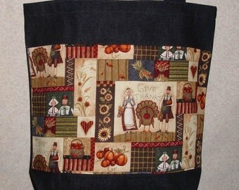 New Large Handmade Denim Tote Bag Thanksgiving Give Thanks Theme