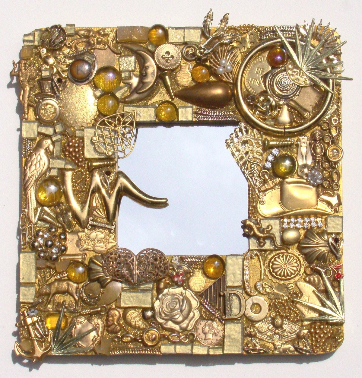 Found Object Collage Art Mirror Gold Vintage Embellishments