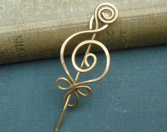 Little Celtic Budding Spiral Lace Shawl Pin, Scarf Pin, Sweater Brooch - Brass Hammered Pin - Celtic Accessory, Knitting Accessories, Women