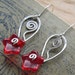 Ruby Red Glass Flower Earrings With Spiraling Leaf - Sterling Silver Wire