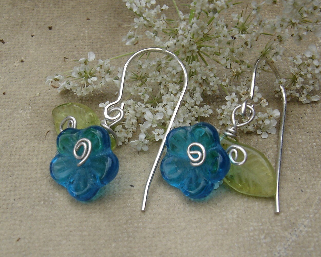 Teal Glass Flower Earrings Dangle Earrings Sterling Silver
