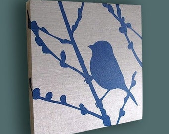 Navy Blue Print on Grey Silk Bird on Cherry Blossom Wall Art
