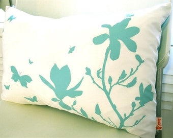 Limited Time Sale Blue Green Print on Off White Cotton Magnolia and Butterfies Rectangle Pillow