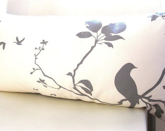 Grey Print on Off white Flying By Rectangle Pillow