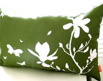 Limited Time Sale Olive Green Magnolia and Butterfies Rectangle Pillow