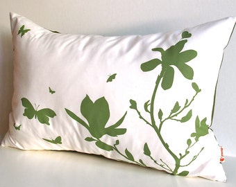 Limited Time Sale Olive Green Print on Off White Cotton Magnolia and Butterfies Rectangle Pillow