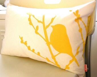 Yellow Print on Off-white Bird on Cherry Blossom Pillow